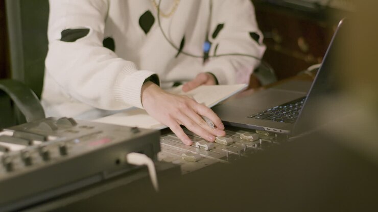 Young Caucasian man working at music recording studio