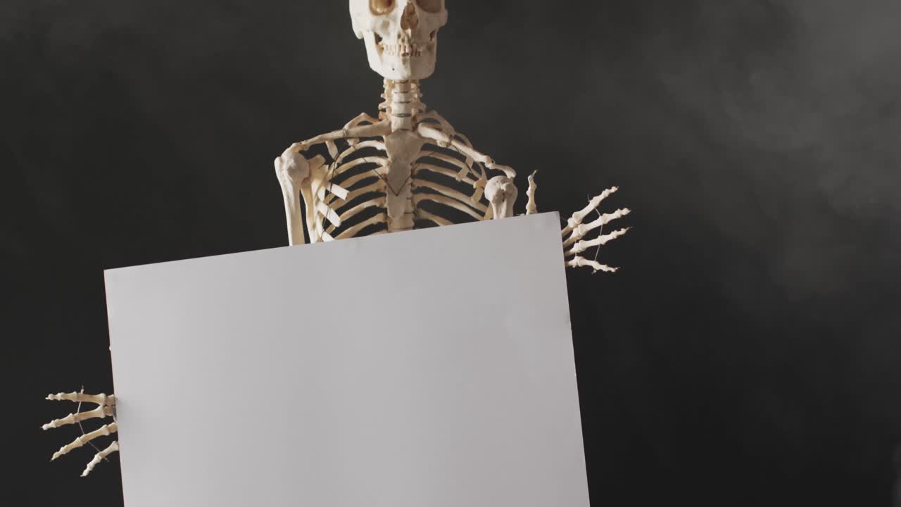 video de primer plano del esqueleto de halloween sosteniendo una tabla blanca con espacio de copia en fondo negro