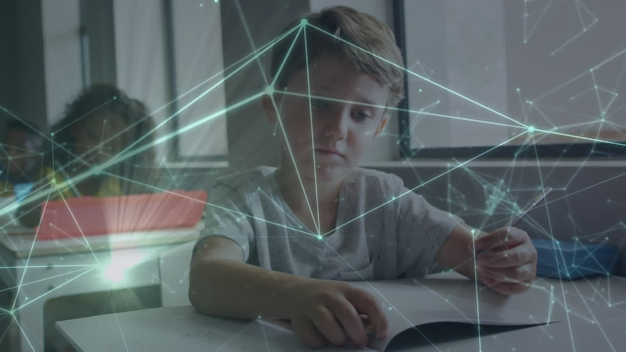 Animation of network of connections over schoolboy writing