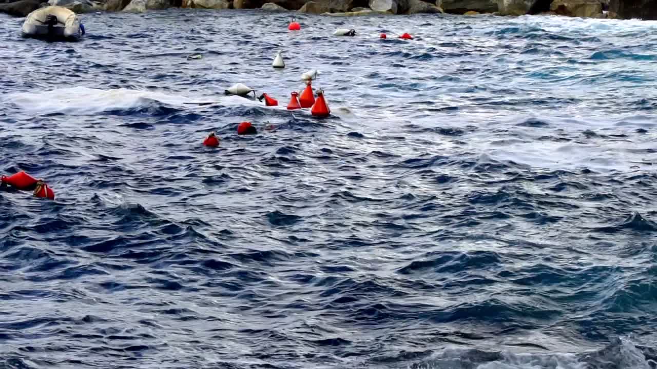 Mooring Buoys At The Oceans Off The Cinque Terre, Italy. Slow Motion