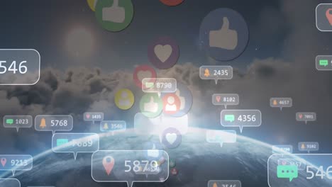 animation of social media icons with numbers over sky with clouds