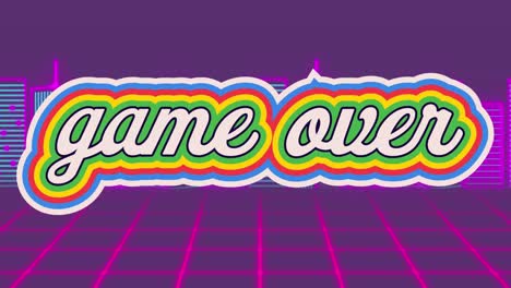 Animation-of-colorful-game-over-text-against-modern-skyscrapers-over-grid-pattern,-copy-space