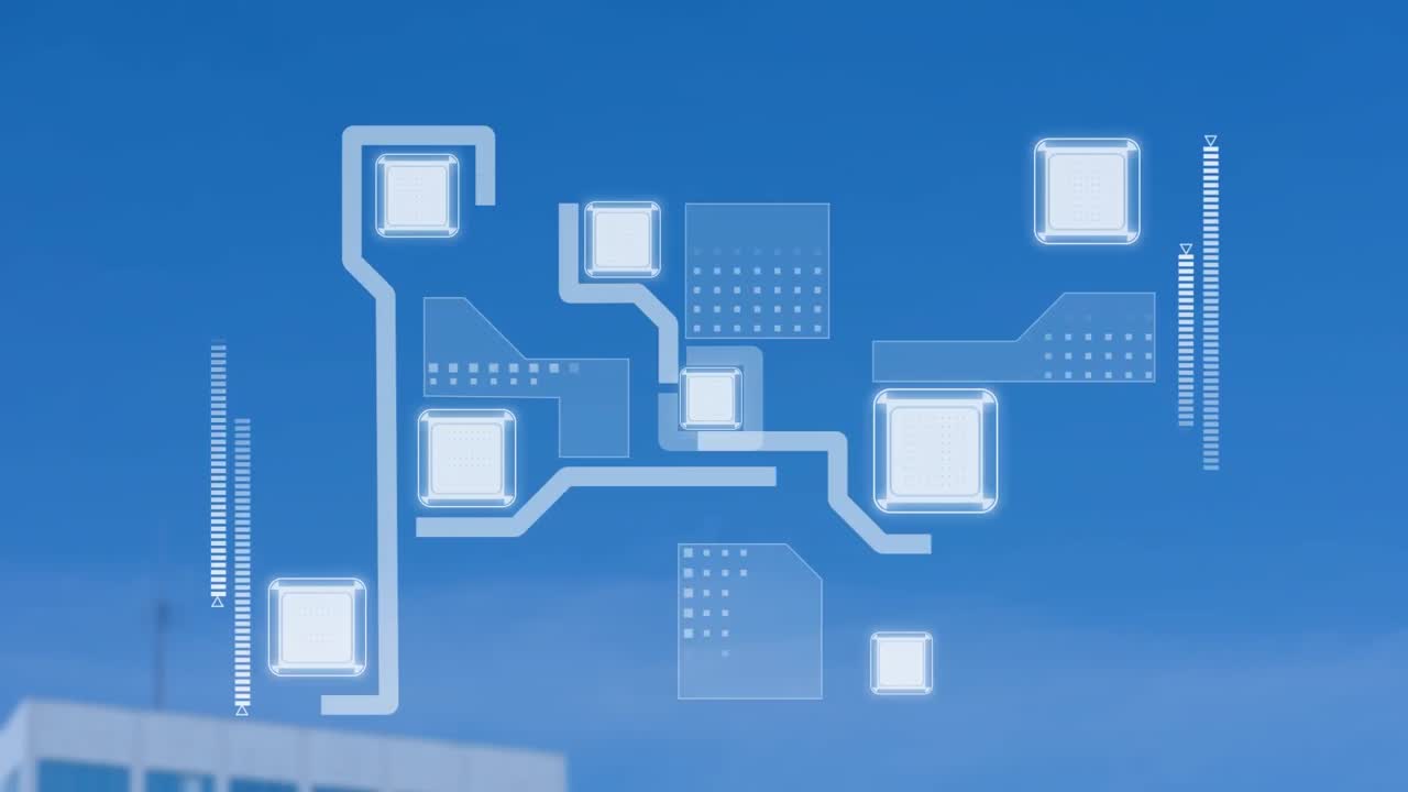 도시 풍경 위에 있는 컴퓨터 회로판의 애니메이션