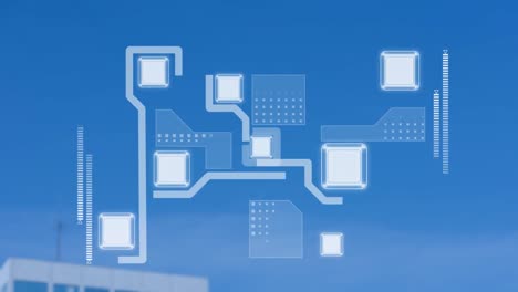 animación de una placa de circuito de computadora sobre el paisaje urbano