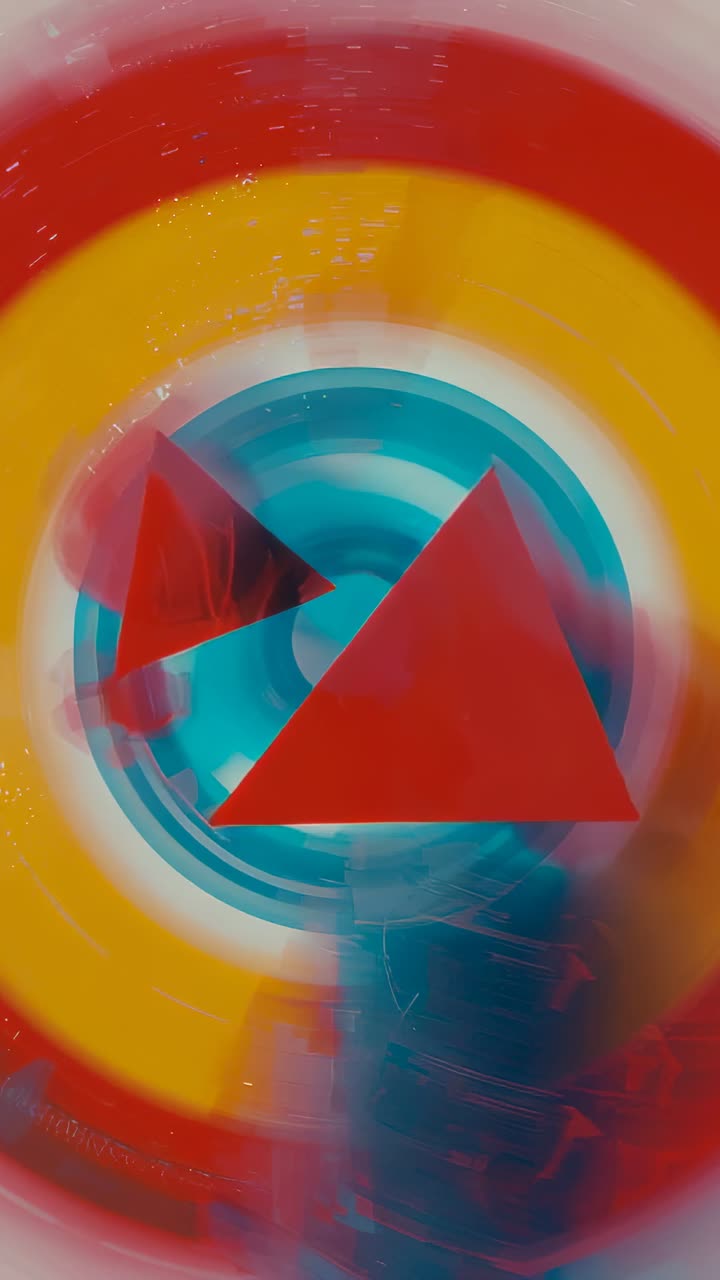 Vertical video: On startup red triangular prisms spinning and drifting inside tunnel, pulsing rings
