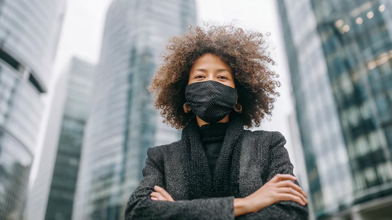 Zelfverzekerd individu met een masker tegen een moderne stedelijke achtergrond, wat veerkracht benadrukt te midden van veranderende tijden en stedelijke uitdagingen.