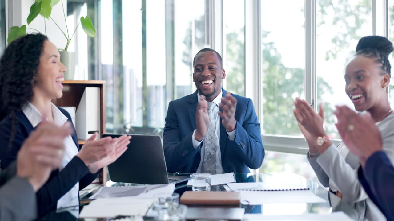 Business people, applause and meeting for team