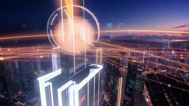 Futuristic Smart City with Digital Network Connections at Night