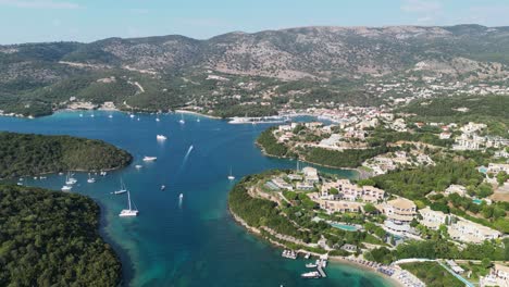 Syvota-Scenic-Coastal-Village-and-Port-at-Epirus,-Greece-Mainland---Aerial