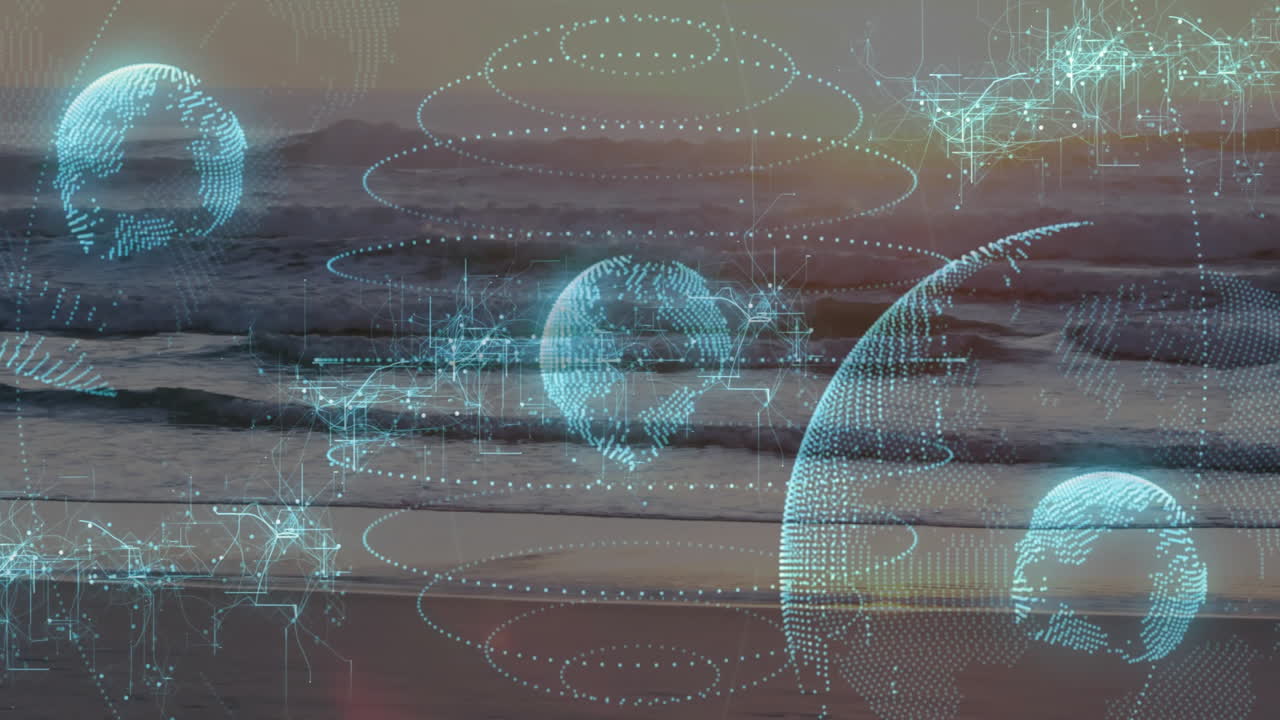 Digital holographic globes floating over dusk beach showing concentric rings and circuit clusters