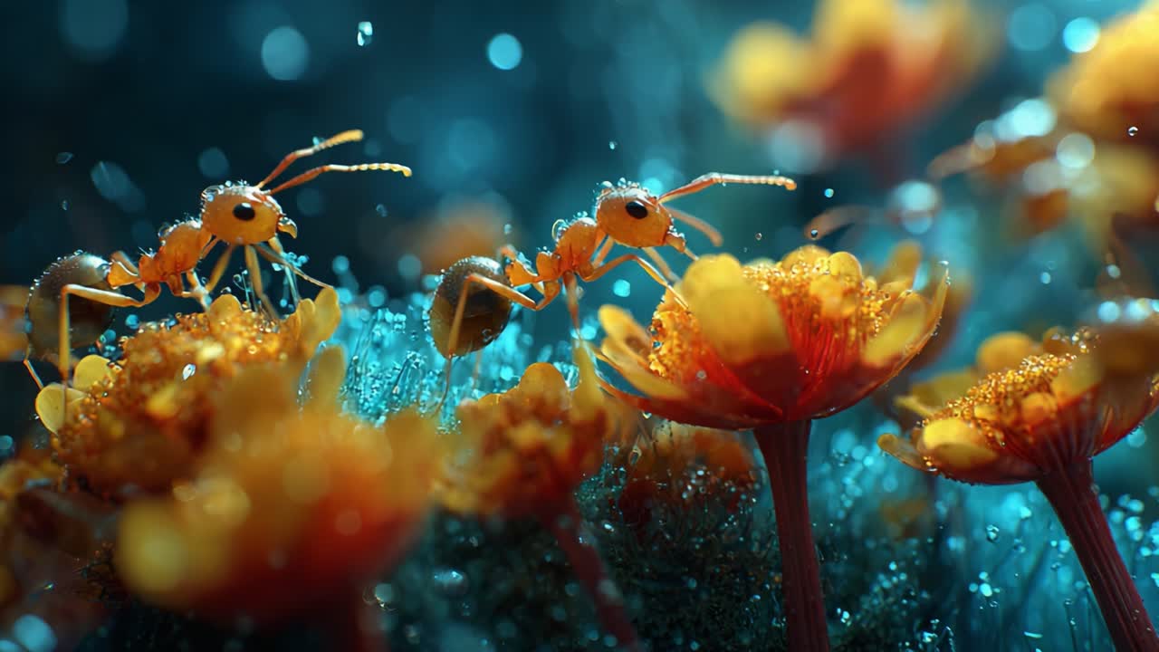 An enchanting close-up of vibrant orange ants gathering nectar from bright flowers in a misty, magical forest setting, showcasing nature's intricate beauty and ecosystem dynamics