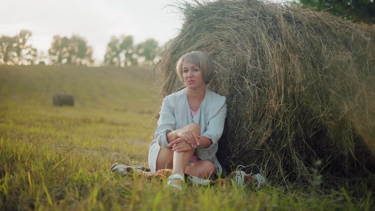 Donna seduta sull'erba, appoggiando la schiena a una balla di fieno in un vasto campo di campagna; un ambiente pacifico e rurale cattura solitudine, relax e riflessione in un ambiente naturale caldo.