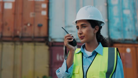 female engineer communicating at port