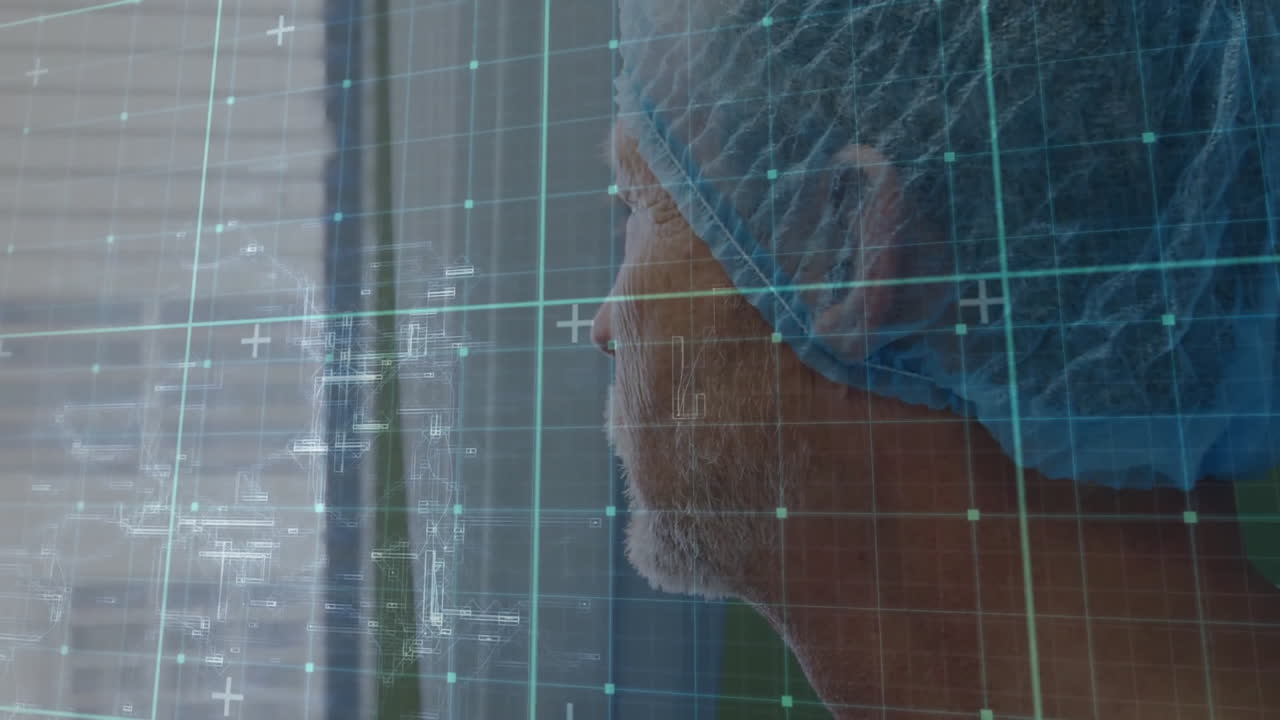 Animation of data processing over caucasian male surgeon in hospital