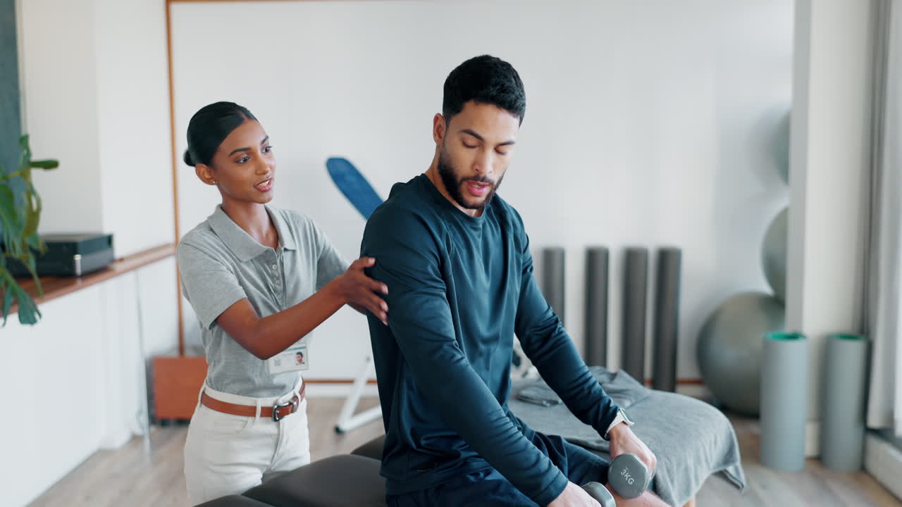 fisioterapeuta, apoyo y pesas para el paciente