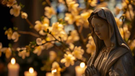 close up of a statue of the virgin mary praying, surrounded by white flowers and illuminated by the warm glow of candles, creating a serene and spiritual atmosphere
