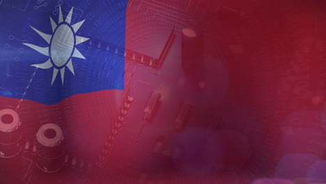 animación de una placa de circuito de computadora con procesamiento de datos y bandera de taiwán