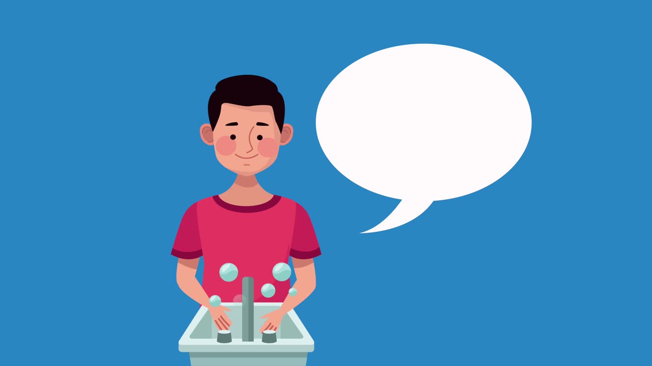 animación global de lavado de manos con un hombre hablando en el baño