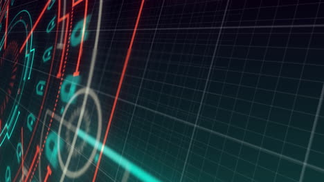 animación del escáner redondo y el procesamiento de datos a través de la red de cuadrícula contra un fondo negro.