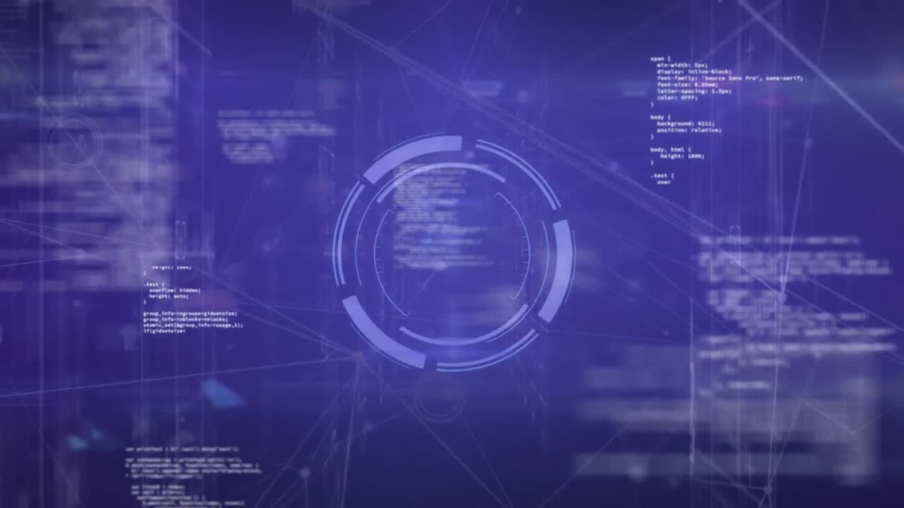 animación de un escáner redondo a través de una red de conexiones y procesamiento de datos contra un fondo azul.