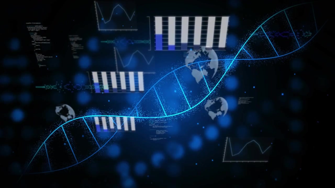 Central blue flare starting neon helix emerging, sweeping diagonally, filling bars and showing data