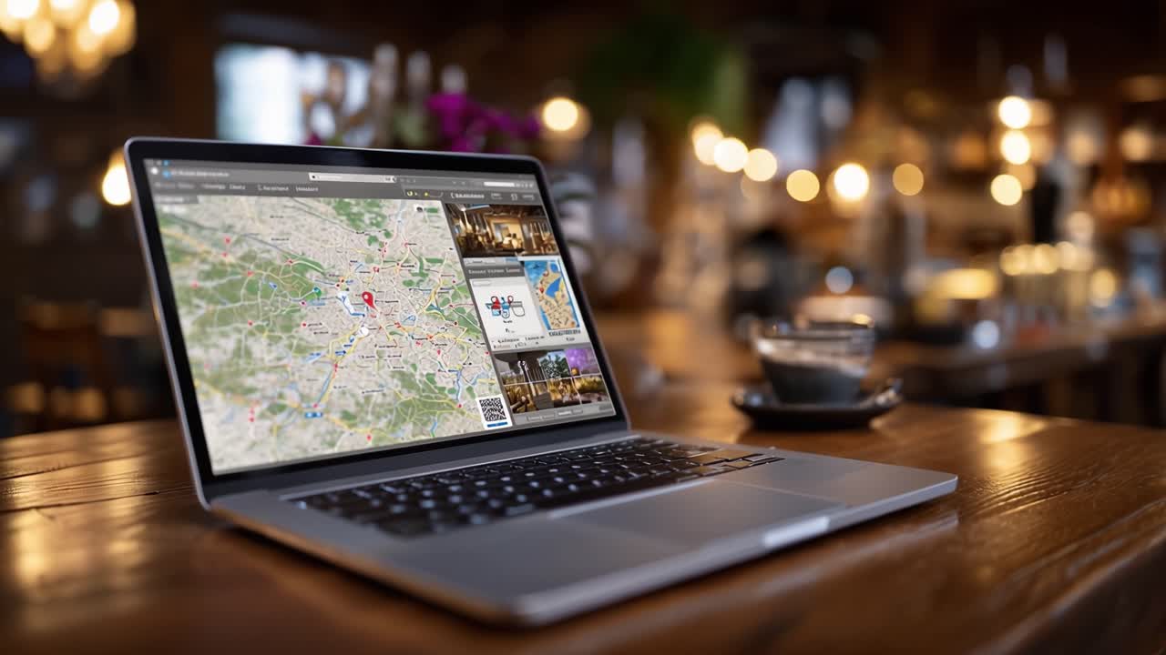 Exploring a Scenic Location through a Laptop: A Modern Journey of Map Navigation and City Discovery at a Cozy Cafe Setting with a Fresh Cup of Coffee