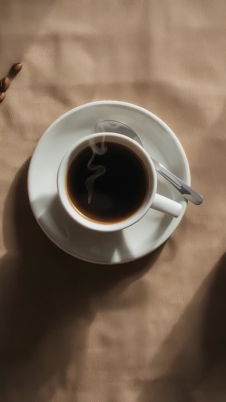 Video verticale: vapore che si disperde mentre si raffredda, tazza su piattino al tavolino di un bar, angolazione della camera che scende lentamente