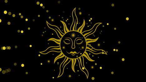 animation of gold sun face and yellow light spots on black background