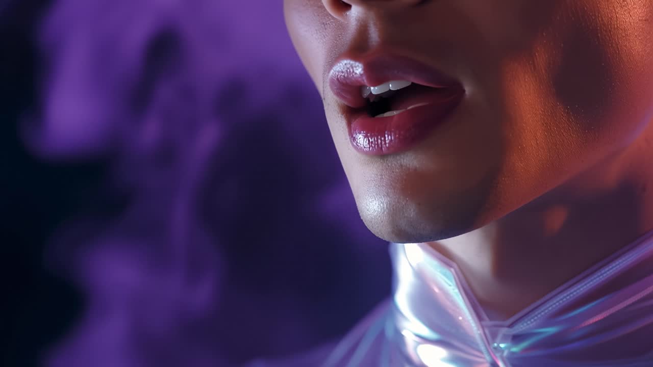 Close-up of a man's face under vibrant neon light. Soft glow highlights his lips and jawline. Cinematic lighting creates a futuristic, moody vibe. Ideal for sci-fi, fashion, or nightlife projects