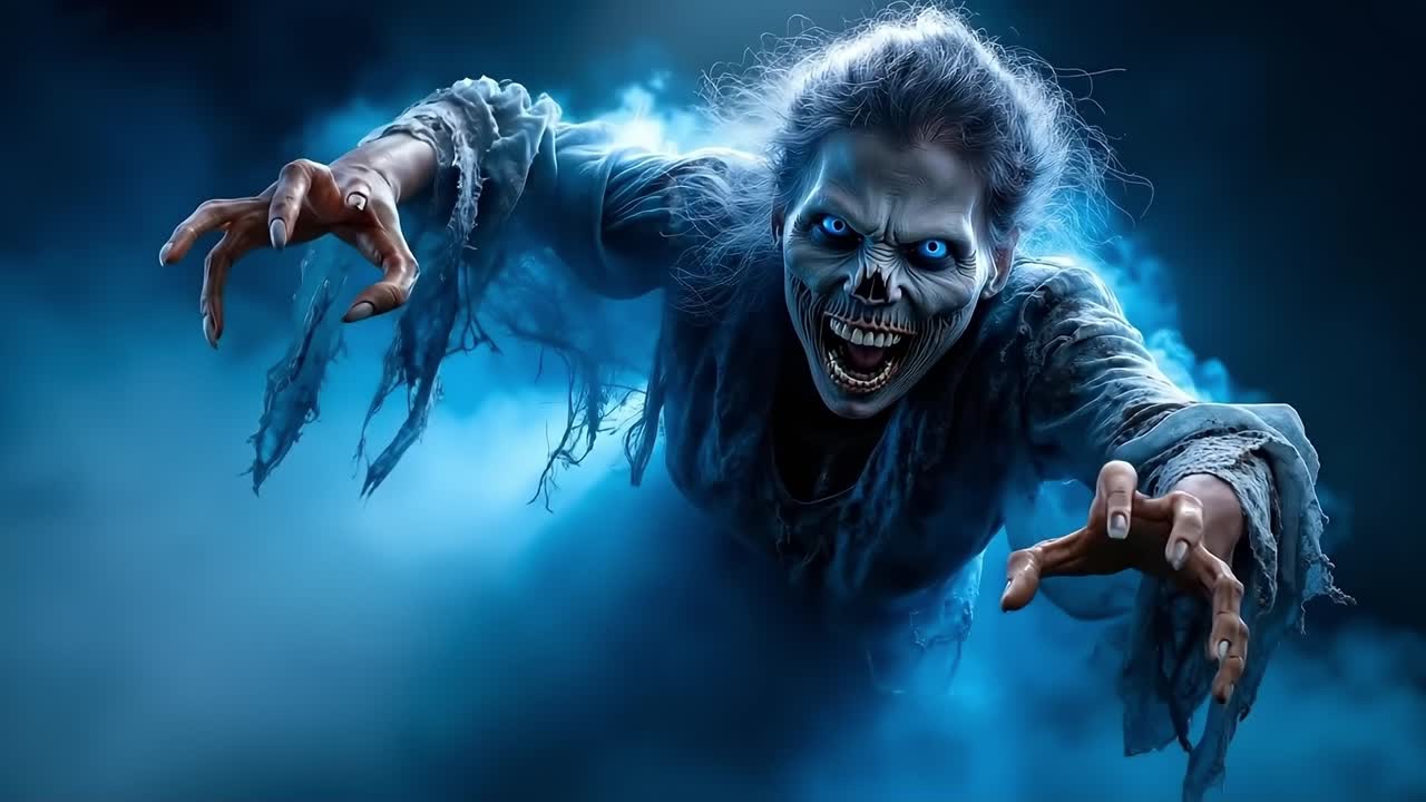 A creepy looking zombie with blue eyes and a creepy face