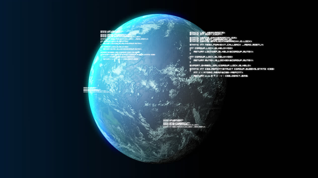 Animation of globe and data processing on black background