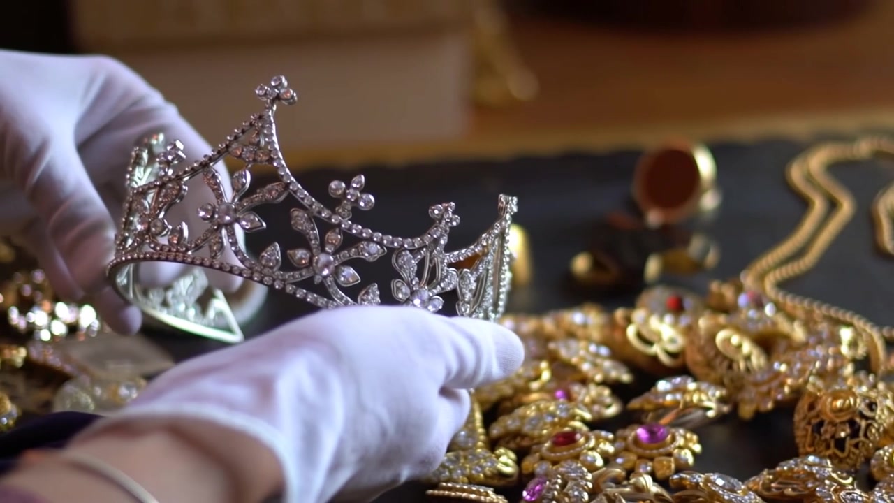 Mani con guanti bianchi che sollevano, ruotano e angolano una tiara per controllare le impostazioni su un tavolo di legno, tra gioielli d'oro.