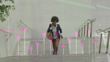 animation of african american woman talking on phone and looking at watch while walking up stairs