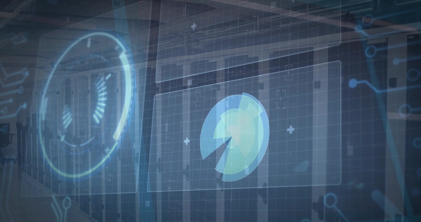 Digital Data Visualization Overlaid on Server Room Background