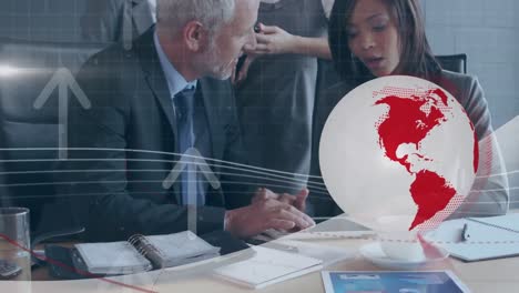 animation of arrows and white globe over male and female colleague using tablet talking in office