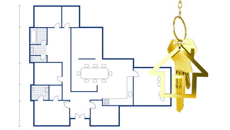 house keys and key fob hanging over architectural drawing in the background
