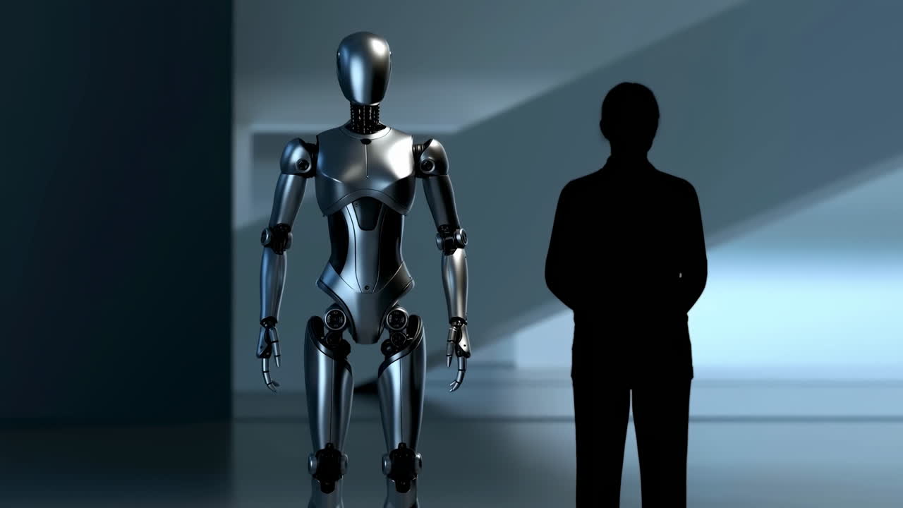 Robot argenteo accanto a una silhouette umana in un corridoio futuristico, Androide metallico sta accanto a una silhouette scura.