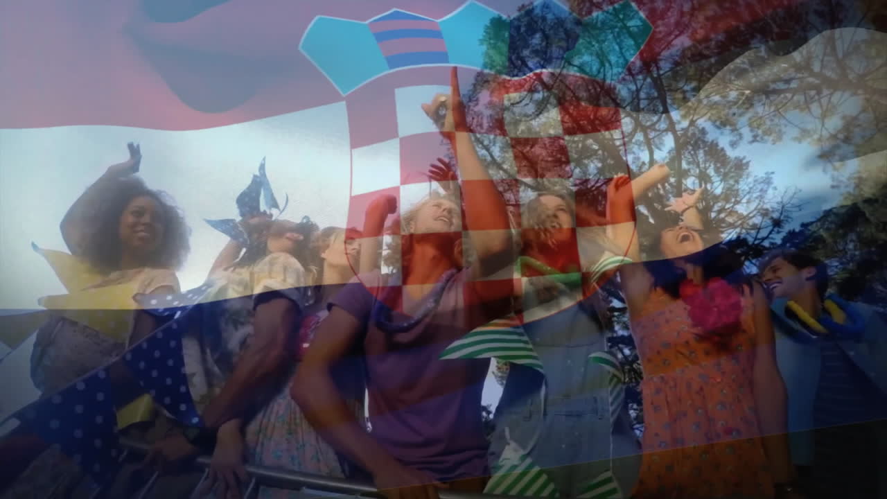 Croatian flag animation over diverse group of people celebrating outdoors