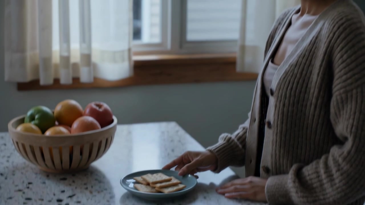 Pulling curtain aside, woman in cardigan placing cracker plate in kitchen, making snack, copy space