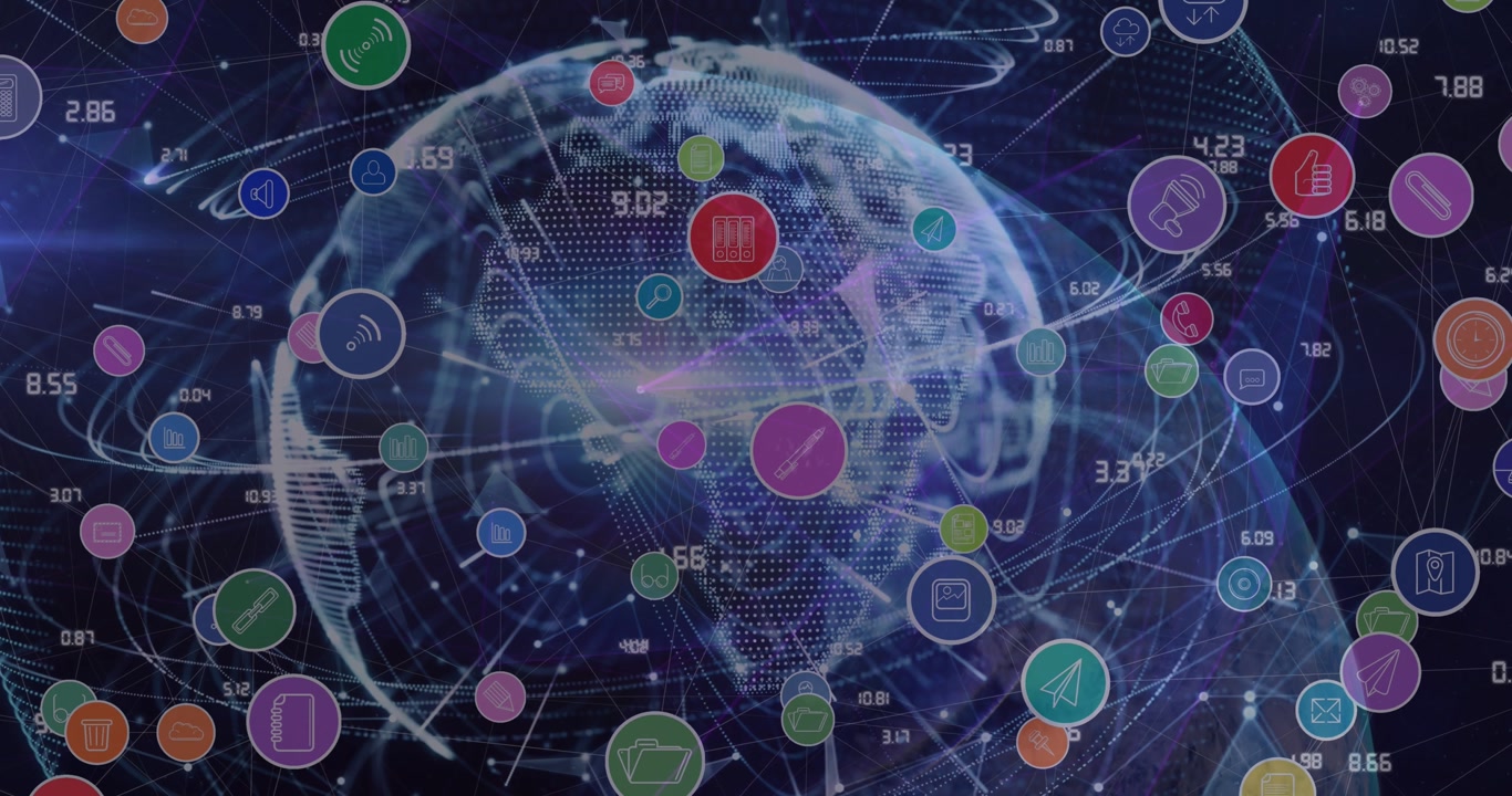 Animation of network of connections with icons and data processing over world map