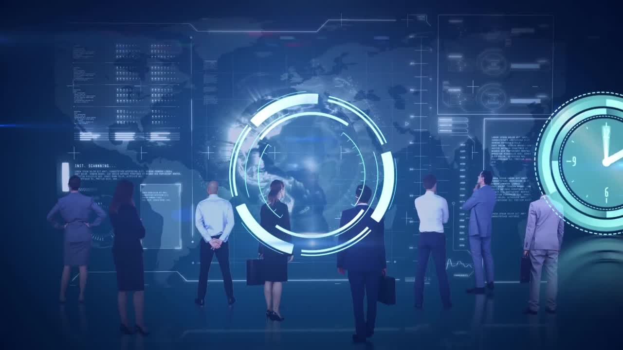 시계와 범위의 애니메이션, 비즈니스 사람들 위의 화면에서 데이터 처리