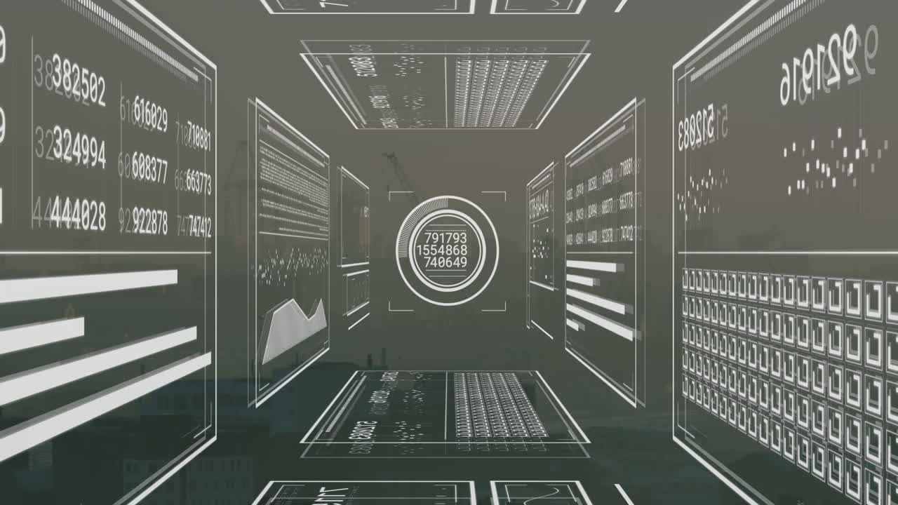 animación de la interfaz con el procesamiento de datos frente a una vista aérea del paisaje urbano