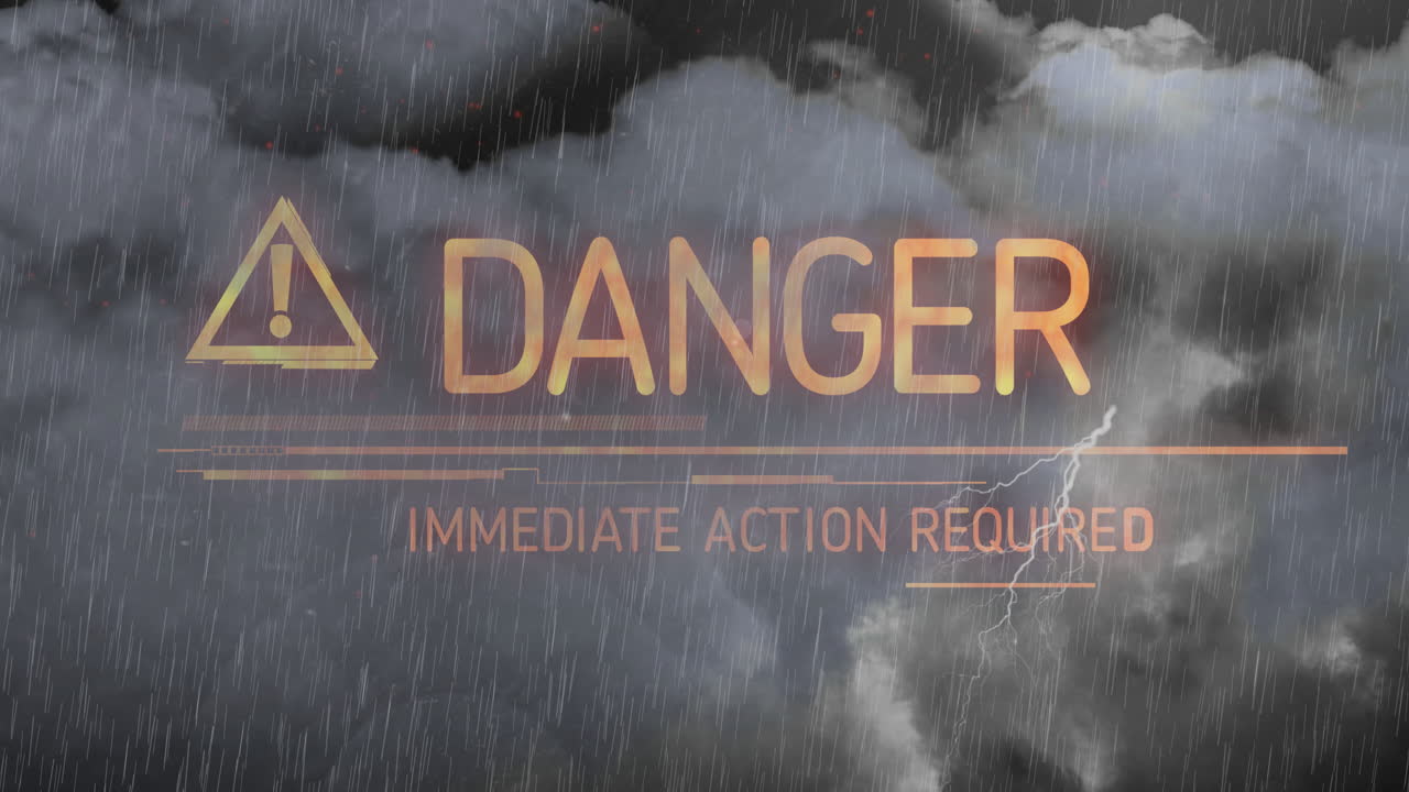 Warning text with immediate action required, animation over stormy clouds and rain
