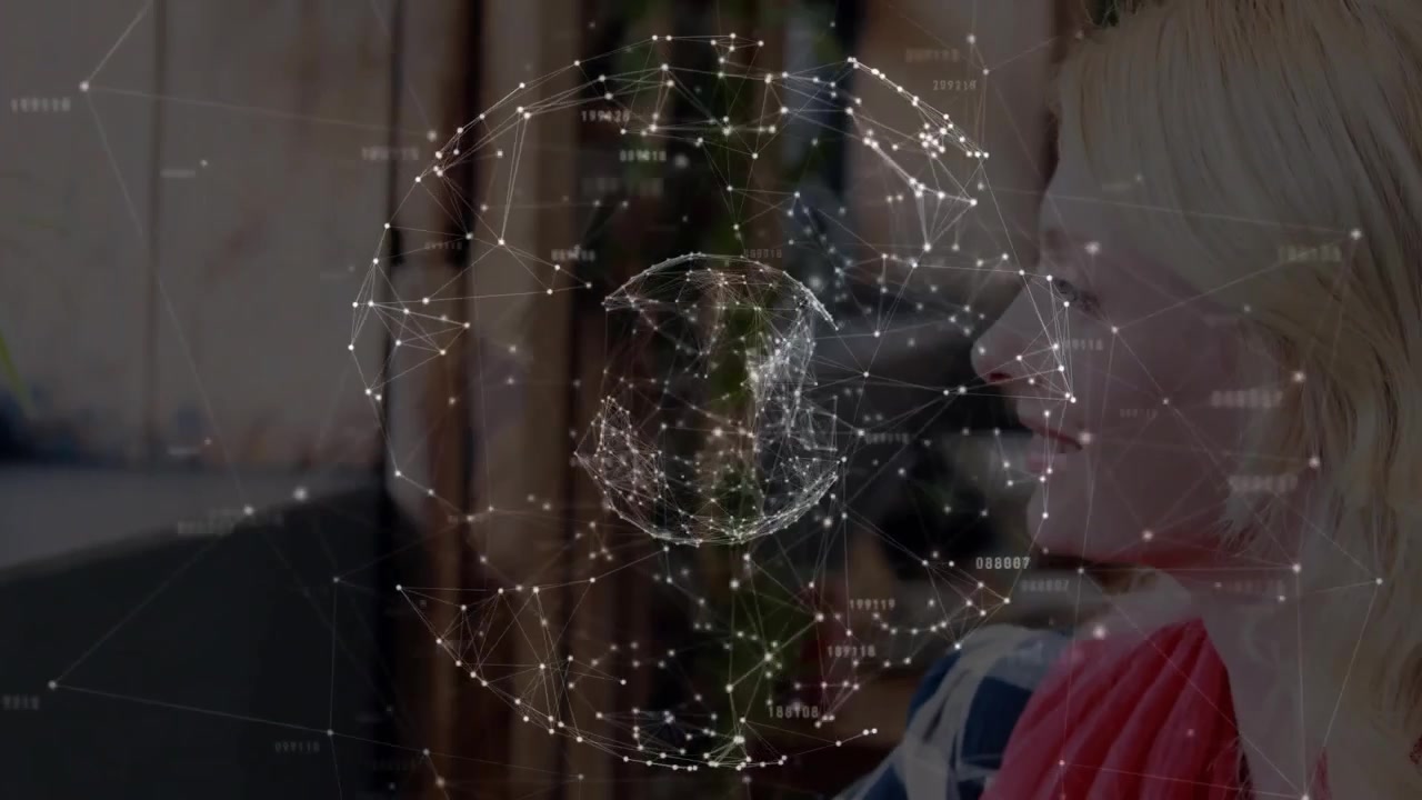 Woman tapping and swiping tablet screen and exploring tech data globe rotating above workspace