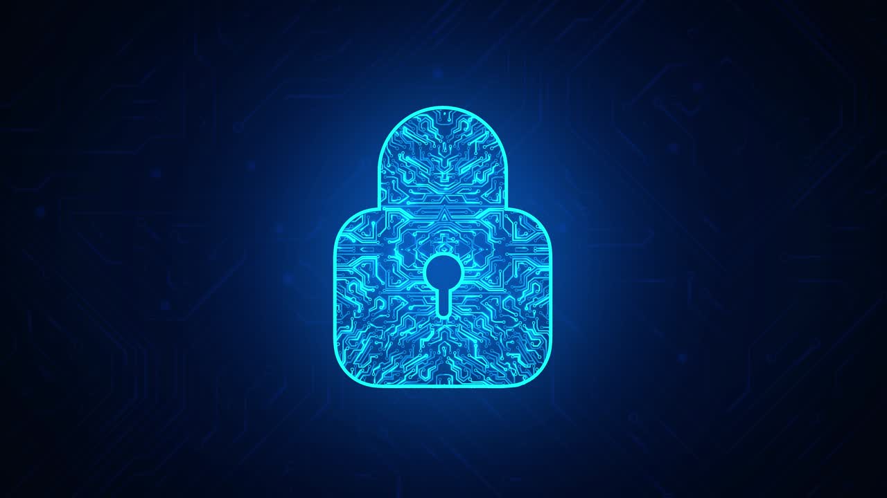 4k loop cyber security concept lock symbol from lines and triangles point connecting network on blue