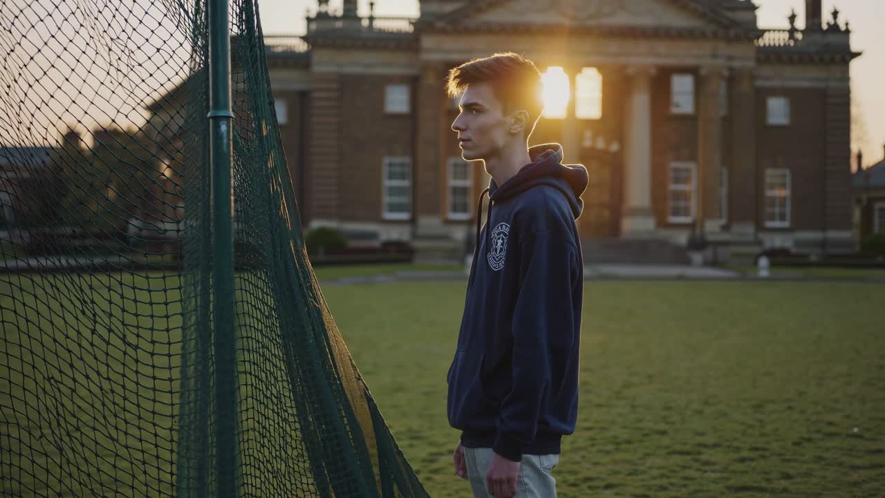 Young student athlete stands near a sports net on a university campus. Contemplating the balance between academic pursuits and athletic dreams. With the setting sun casting a warm glow on the scene