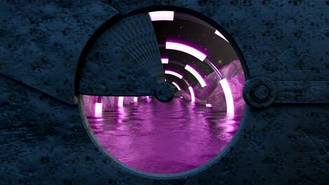 iron hatch opens panoramic view to the extraterrestrial landscape scene. 3d abstract background of sci-fi corridor. futuristic technology abstract seamless vj for tech titles and background.