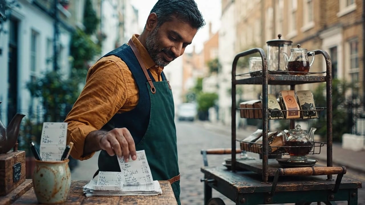 Un incantevole allestimento di carretto del tè all'aperto con un venditore che offre tè di alta qualità e un servizio personalizzato su una strada trafficata in un quartiere pittoresco.