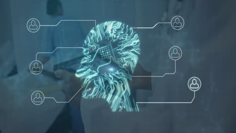 animación de la red de conexiones y placa de circuitos informáticos sobre diversos médicos y pacientes