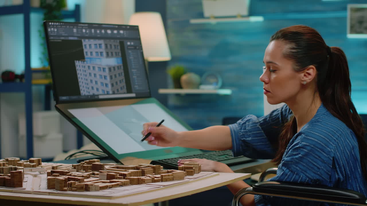Woman with disability using touch screen for construction layout